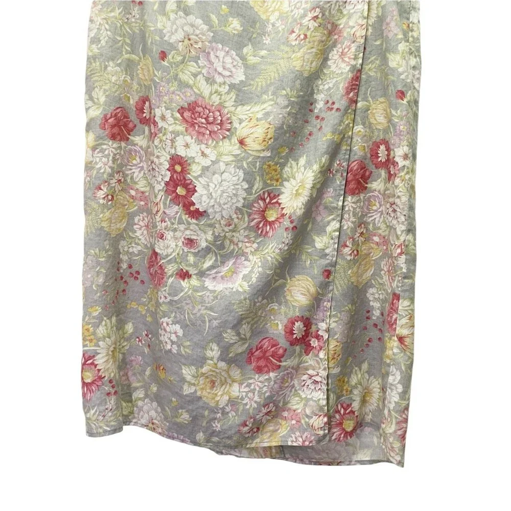 Vintage Lauren Ralph Lauren Floral Linen Wrap Skirt Gray Pink Yellow Sz 18W Midi